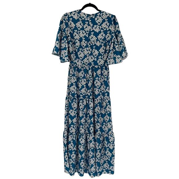 Borgo De Nor Teodora Crepe Dress Bouquet Blue White Flutter Sleeve Maxi Size 2 - Picture 10 of 14